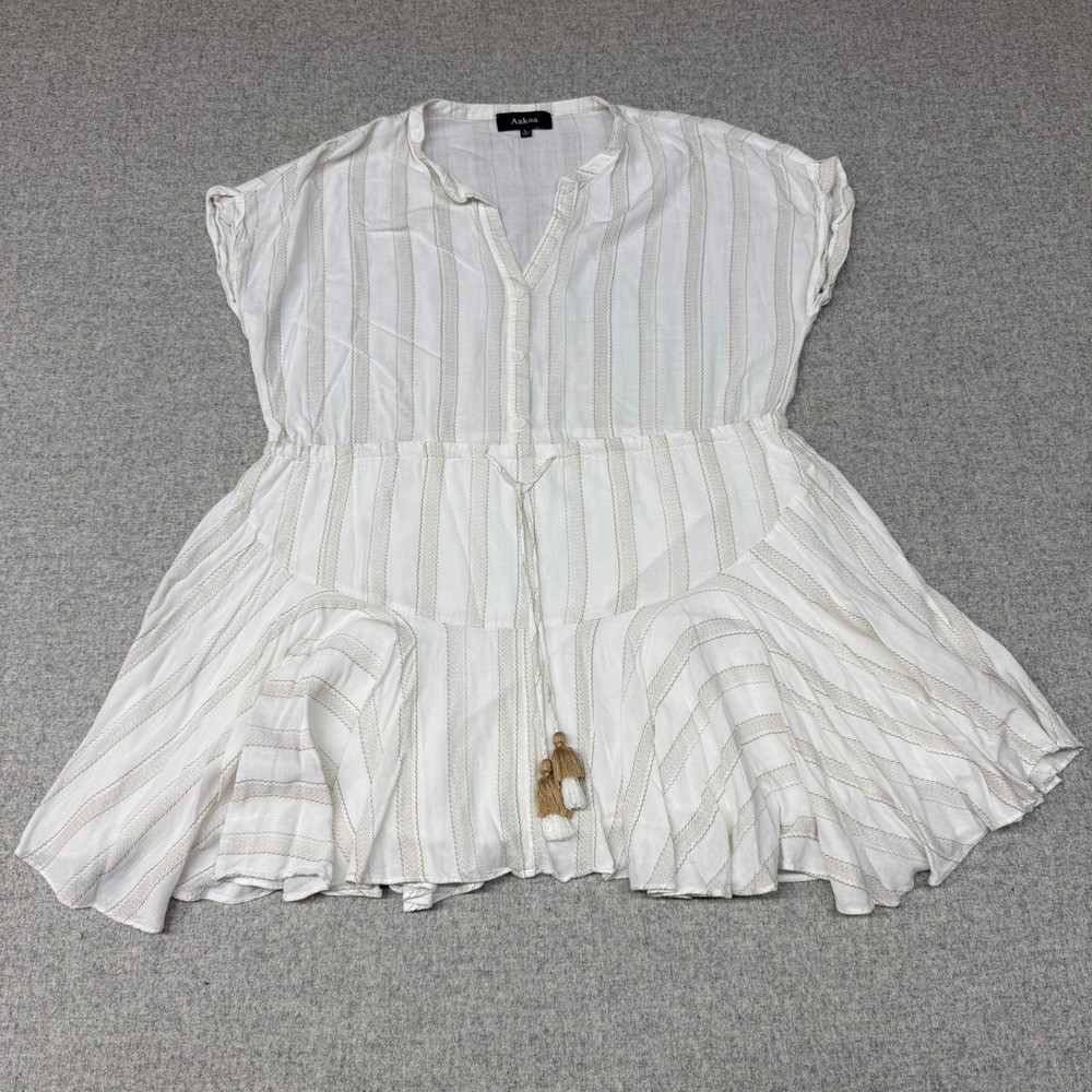 Aakaa Tunic Top Large White Tan Striped Tassel Drawstring Boho Ruffle DA27026H